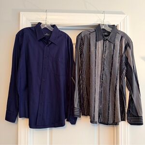 Bugatchi Men's Navy Blue & Gray Striped Dress Shirts - Button-Up Duo